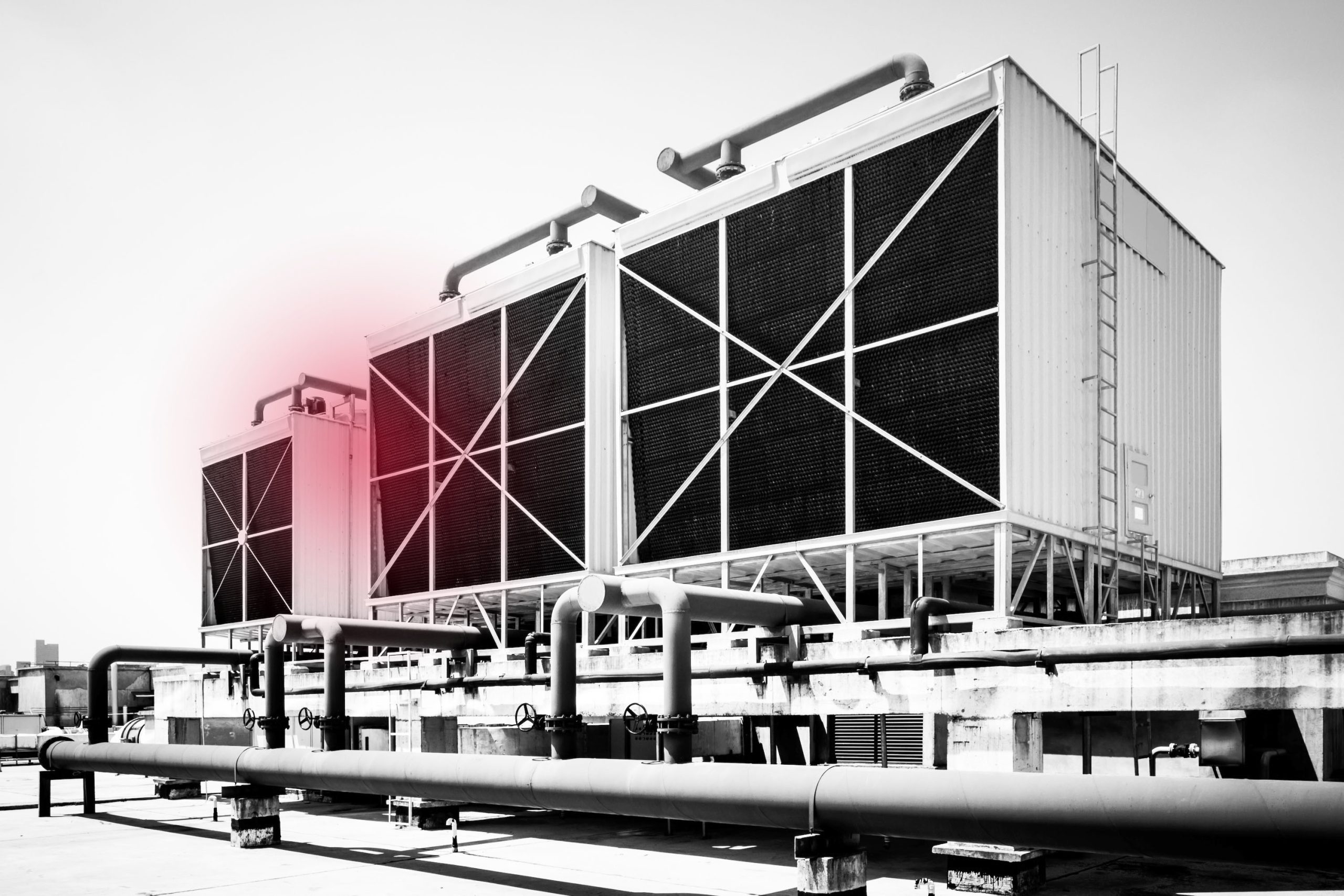 Sets of cooling towers in data center building.